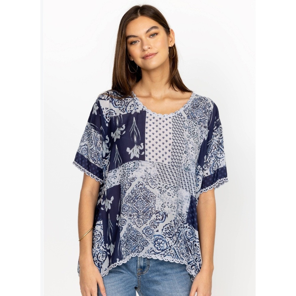 Johnny Was Blue White Patchwork Floral Paisley Lace Trim Blouse Top Small